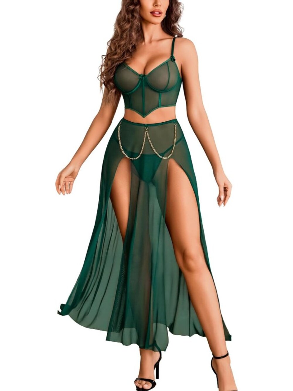 Women's Dark Green V Neck Sexy Long Skirt Two Side Split Lingerie 3 Piece Outfit